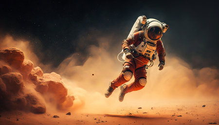 Astronaut jumping on a soil of alien rocky planet. Generative AIの素材