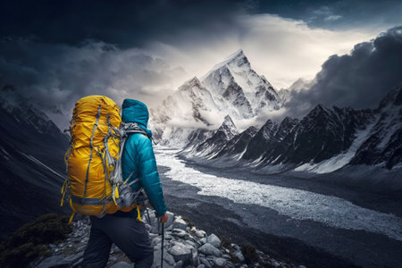 Explorer stand in front of high mountain peak landscape. Generative AI.の素材