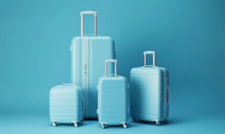 Blue travel suitcase with wheels, on blue background. Trip concept. Generative AI.の素材