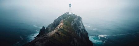 Foto de Lighthouse on a cliff edge in stormy and misty weather. Generative AI. - Imagen libre de derechos