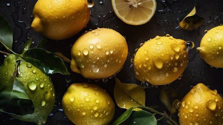 Fresh ripe lemons with water drops background. Fruits backdrop. Generative AI.の素材