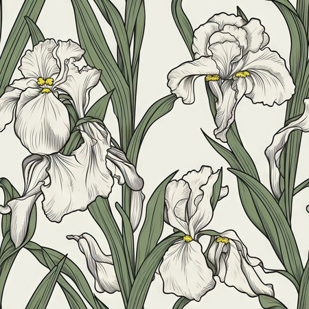 Iris flower seamless pattern. Floral seamless background. Generative AI.の素材