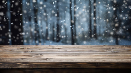 Wood table mockup with falling snow on background. Empty copy space for product presentation. Generative AI.の素材