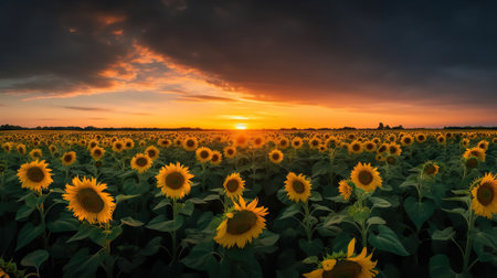 Panoramic field of sunflowers on sunset. Generative AI.の素材