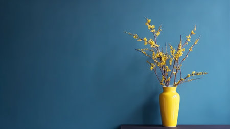 Vase with decorative plant branch against blue wall background. Minimalist interior mockup. Generative AI.の素材