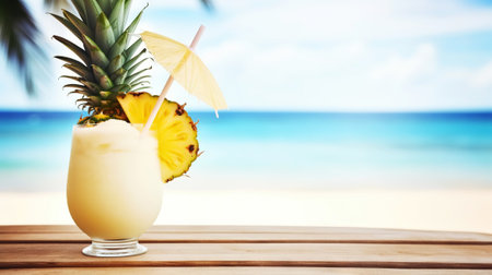 Pina Colada cocktail on background with blue sea and sky tropical background. Generative AI.の素材