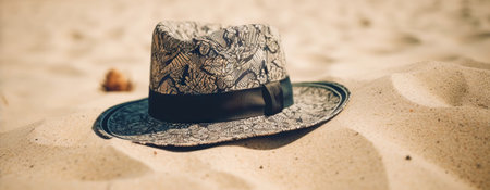 Hat on the sand with a sea background. Travel concept. Generative AI.の素材