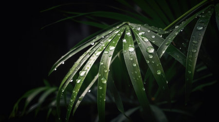 Closeup of Kentia Palm tropical plant leaves with rain drops. Green natural backdrop. Generative AI.の素材