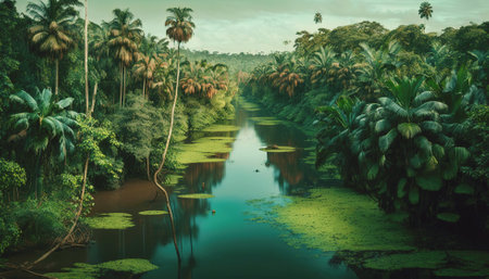 Tropical jungle with river. Green scenery of paradise forest. Generative AI.の素材