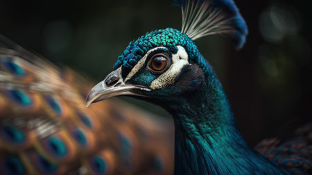 Close up photo of Peafowl bird on forest background. Generative AI.の素材