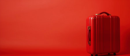Red travel suitcase, on red background. Trip concept. Generative AI.の素材