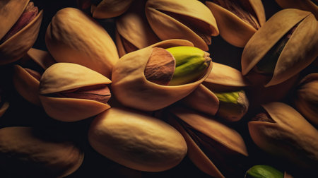 Pistachio background. Nuts. Green fresh inshell pistachios. Generative AI.の素材