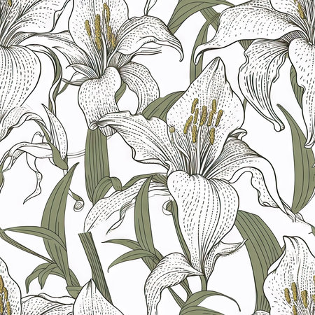 Lily flower seamless pattern. Floral seamless background. Generative AI.の素材