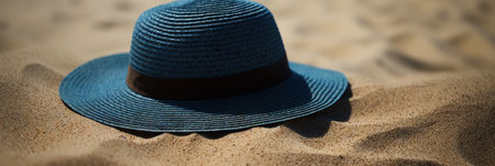 Hat on the sand with a sea background. Travel concept. Generative AI.の素材