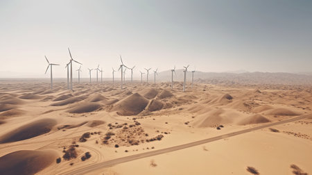Wind turbines in the desert. Renewable energy concept with sand dunes. Generative AIの素材
