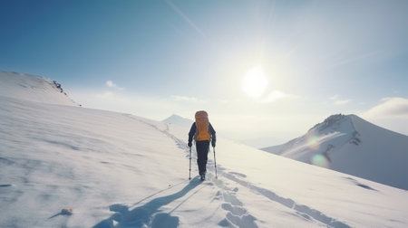 Explorer stand in front of high mountain peak winter snowy landscape. Generative AIの素材