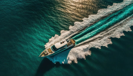 Top view on speed boat in paradise turquoise ocean water. Generative AI.の素材