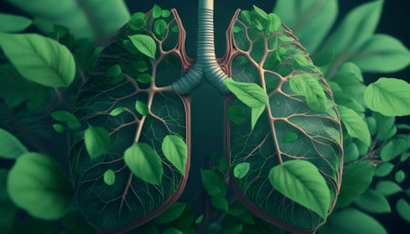 Leaves and branches in form of human lungs. Forest as lungs of planet concept. Generative AI.の素材