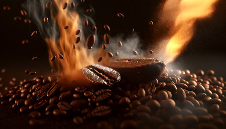 Roasted coffee beans. Brown smoke of coffee aroma. Generative AI.の素材