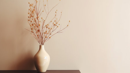 Vase with decorative dry plant branch against beige wall background. Minimalist interior mockup. Generative AI.の素材