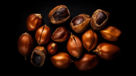 Many dried acorn nuts background. Generative AI.の素材