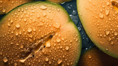 Fresh ripe cantaloupes with water drops background. Fruits backdrop. Generative AI.の素材