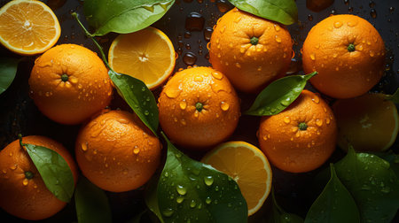 Fresh ripe oranges with water drops background. Fruits backdrop. Generative AI.の素材