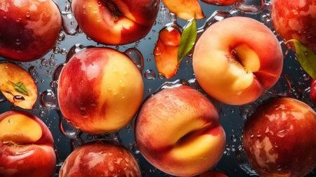 Fresh ripe peaches with water drops background. Fruits backdrop. Generative AI.の素材