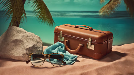 Suitcase with accessories on the sand with a sea background. Travel concept. Generative AI.の素材