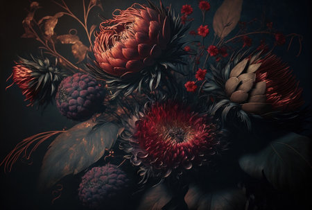 A close-up of a dried wreath made of flowers in soft muted tones. Generative AI.の素材