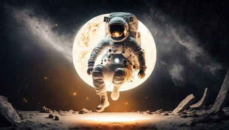 Astronaut jumping on a soil of alien rocky planet. Generative AIの素材
