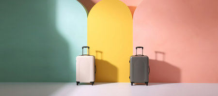 Pastel colored scene with travel suitcases, on uniform background. Trip concept. Generative AI.の素材