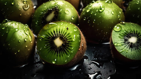 Fresh ripe kiwi with water drops background. Fruits backdrop. Generative AI.の素材