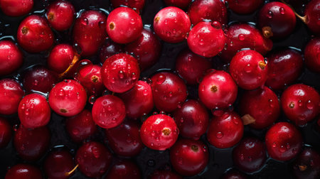 Fresh ripe lingonberry with water drops background. Berries backdrop. Generative AI.の素材