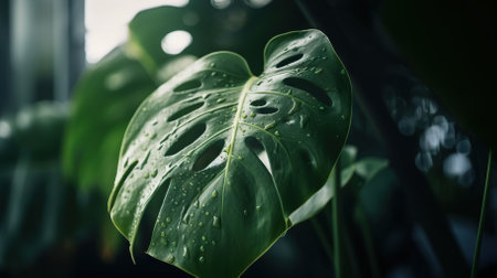 Closeup of Monstera tropical plant leaves with rain drops. Green natural backdrop. Generative AI.の素材