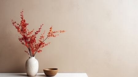 Vase with decorative dry plant branch against beige wall background. Minimalist interior mockup. Generative AI.の素材