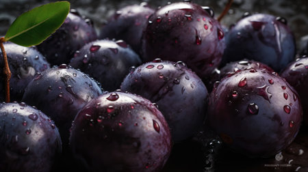 Fresh ripe acai berries with water drops background. Berries backdrop. Generative AI.の素材