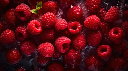 Fresh ripe raspberry with water drops background. Berries backdrop. Generative AI.の素材