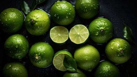 Fresh ripe limes with water drops background. Fruits backdrop. Generative AI.の素材
