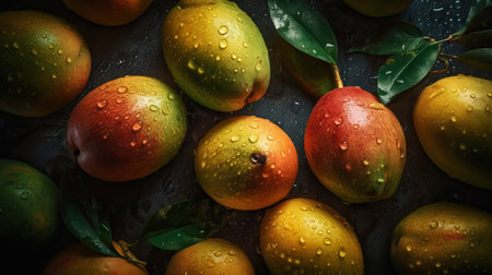 Fresh ripe mangos with water drops background. Fruits backdrop. Generative AI.の素材