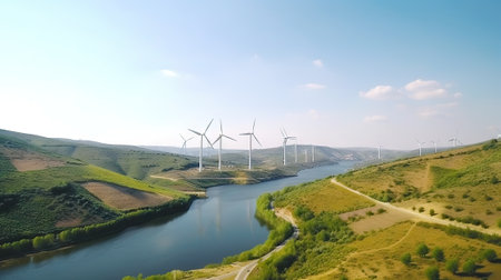 Wind turbines on landscape with green hills and river. Renewable energy concept. Generative AI.の素材