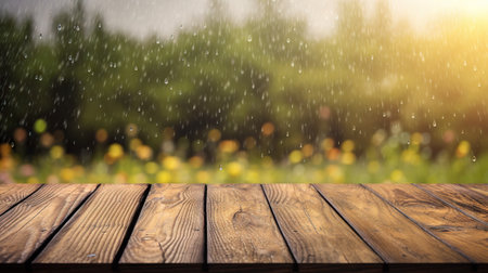 Wood table mockup with summer rain over green landscape. Empty copy space for product presentation. Generative AI.の素材
