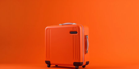 Orange travel suitcase, on orange background. Trip concept. Generative AI.の素材
