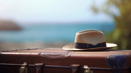Suitcase, hat and accessories on the wooden floor with a sea background. Travel concept. Generative AI.の素材