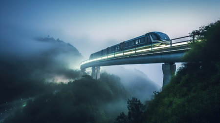Speed passenger train moving in the mist mountains covered with forest. Generative AI.の素材
