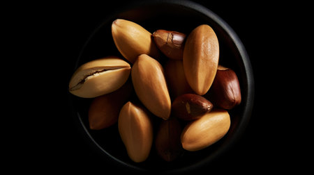Many delicious Brazil nuts in a bowl on dark background, top view. Generative AI.の素材