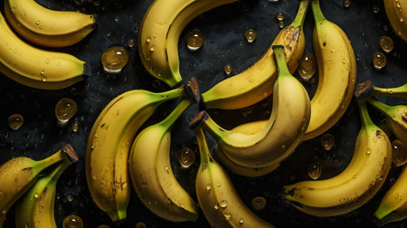 Fresh ripe bananas with water drops background. Fruits backdrop. Generative AI.の素材