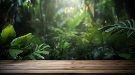 Wood table mockup with tropical jungle on background. Empty copy space for product presentation. Generative AI.の素材