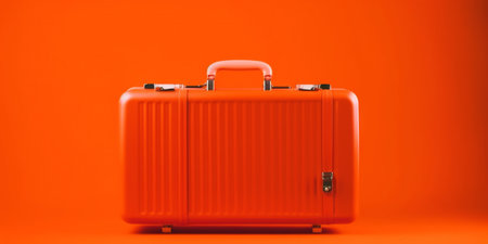 Orange travel suitcase, on orange background. Trip concept. Generative AI.の素材