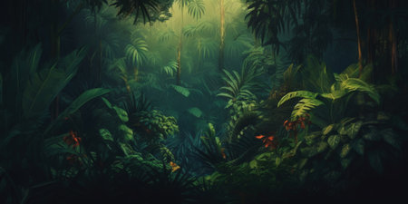 Deep tropical jungles. Dense forest landscape. Generative AI.の素材